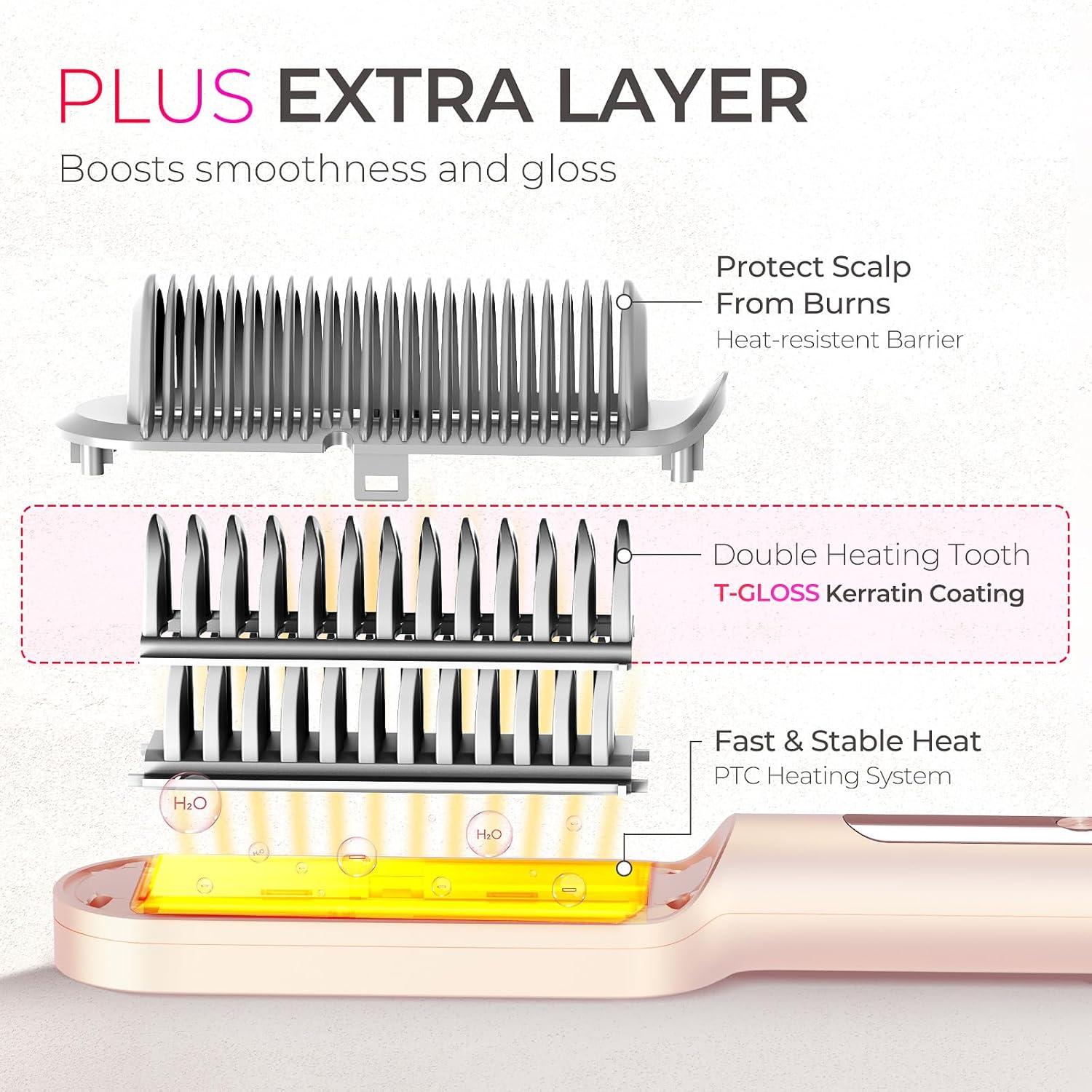 imageTYMO Ring Plus Ionic Hair Straightener Brush Straightening Comb with Negative Ions for Women Titanium Coating 9 Temp Settings amp LED Display Dual Voltage Professional Styling ToolsGold Blush