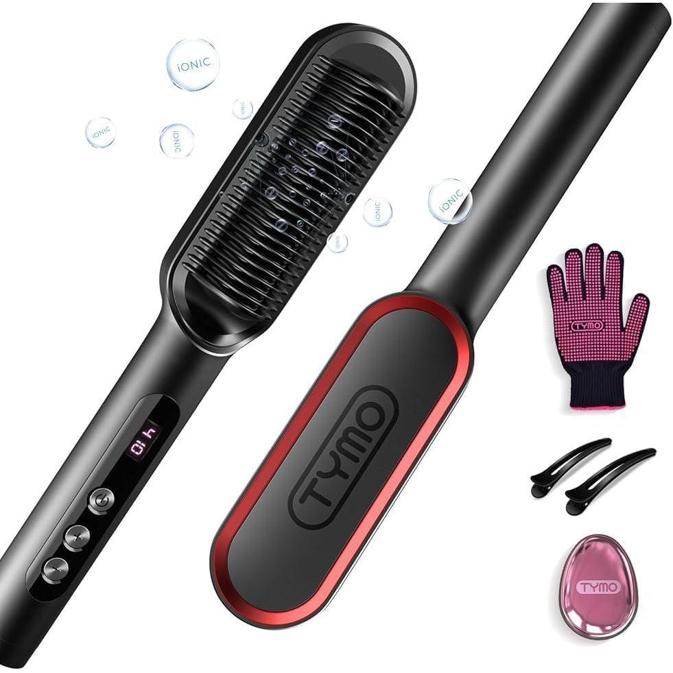 imageTYMO Ring Plus Ionic Hair Straightener Brush  Straightening Comb with Negative Ions for Women Titanium Coating 9 Temp Settings amp LED Display Dual Voltage Professional Styling ToolsRed