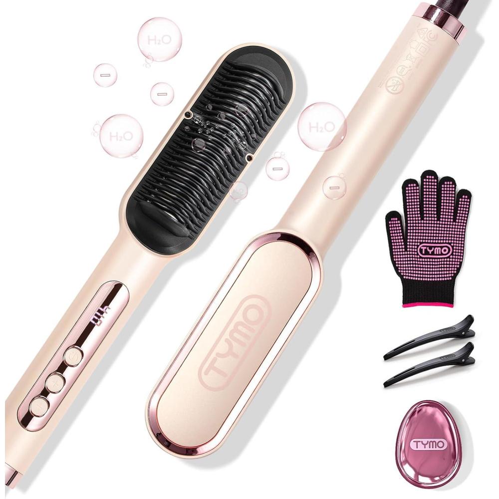 imageTYMO Ring Plus Ionic Hair Straightener Brush Straightening Comb with Negative Ions for Women Titanium Coating 9 Temp Settings amp LED Display Dual Voltage Professional Styling ToolsGold Blush