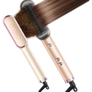 TYMO Ring Hair Straightener Brush – Hair Straightening Iron with Built-in Comb, 20s Fast Heating & 5 Temp Settings & Anti-Scald, Perfect for Professional Salon at Home, Sakura Pink(Peach)