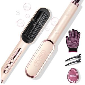 TYMO Ring Plus Ionic Hair Straightener Brush – Straightening Comb with Negative Ions for Women, Titanium Coating, 9 Temp Settings & LED Display, Dual Voltage, Professional Styling Tools(Gold Blush)