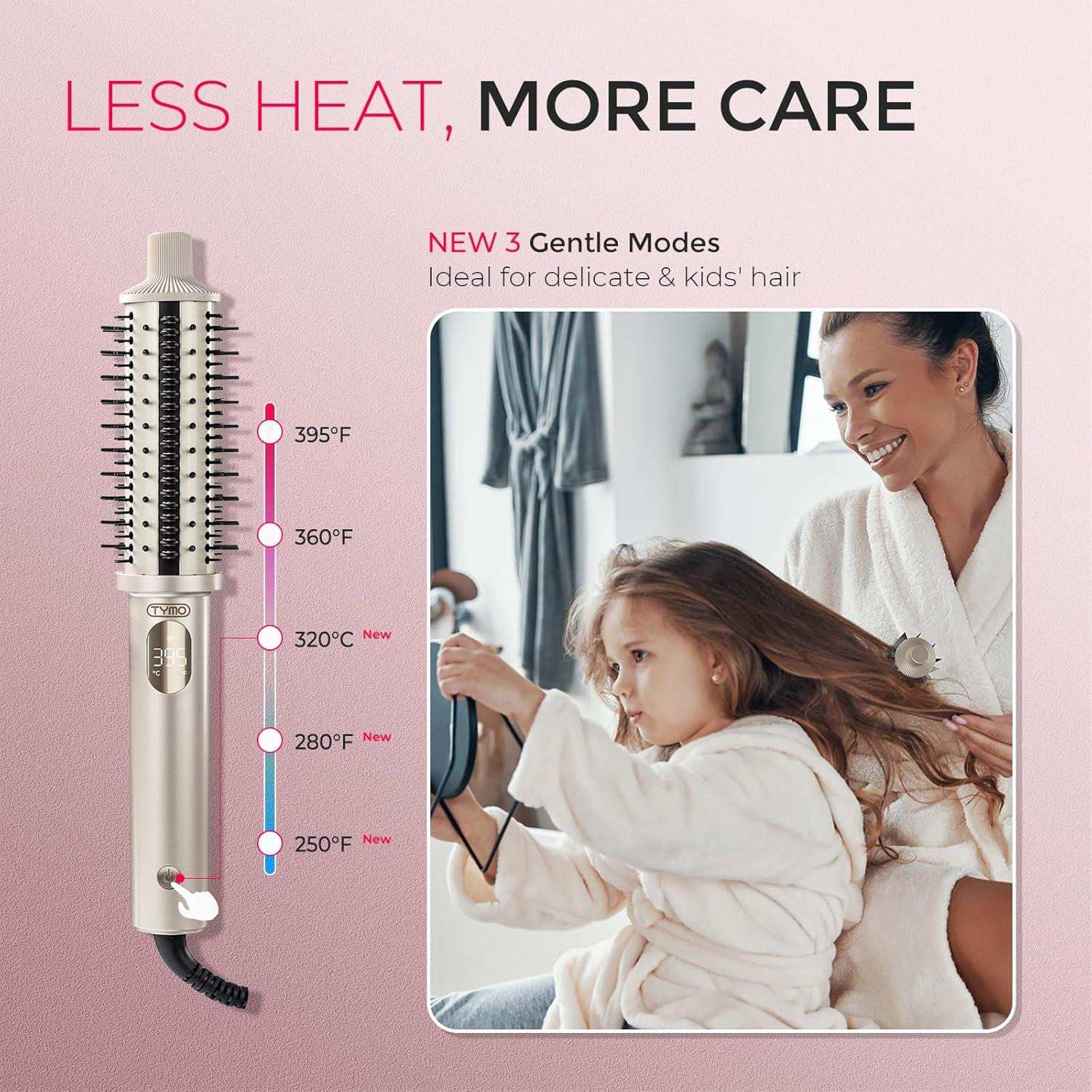 imageTYMO STYLUX PRO Thermal Brush Curling Brush 15 Inch Blowout Heated Round Volumizer Hair Straightener and Curler 2 in 1 800M Negative Ion for Smoother LCD Display 5 Temp Dual Voltage GrayGold