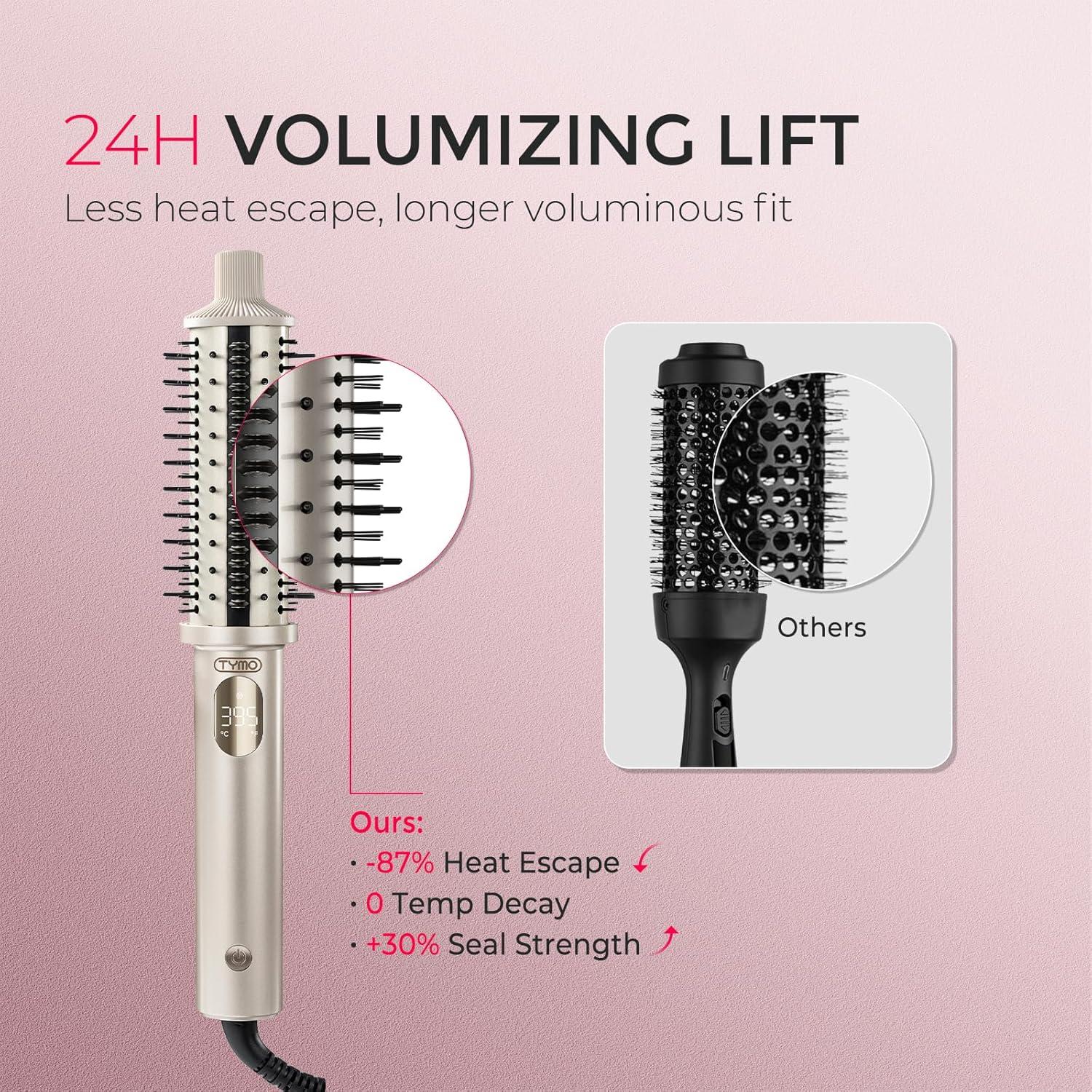 imageTYMO STYLUX PRO Thermal Brush Curling Brush 15 Inch Blowout Heated Round Volumizer Hair Straightener and Curler 2 in 1 800M Negative Ion for Smoother LCD Display 5 Temp Dual Voltage GrayGold