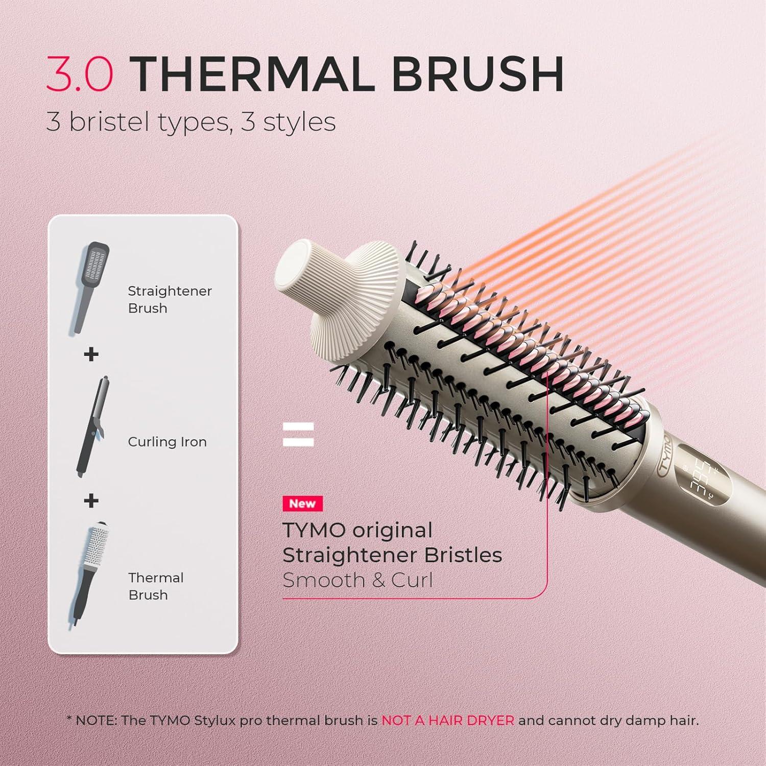 imageTYMO STYLUX PRO Thermal Brush Curling Brush 15 Inch Blowout Heated Round Volumizer Hair Straightener and Curler 2 in 1 800M Negative Ion for Smoother LCD Display 5 Temp Dual Voltage GrayGold