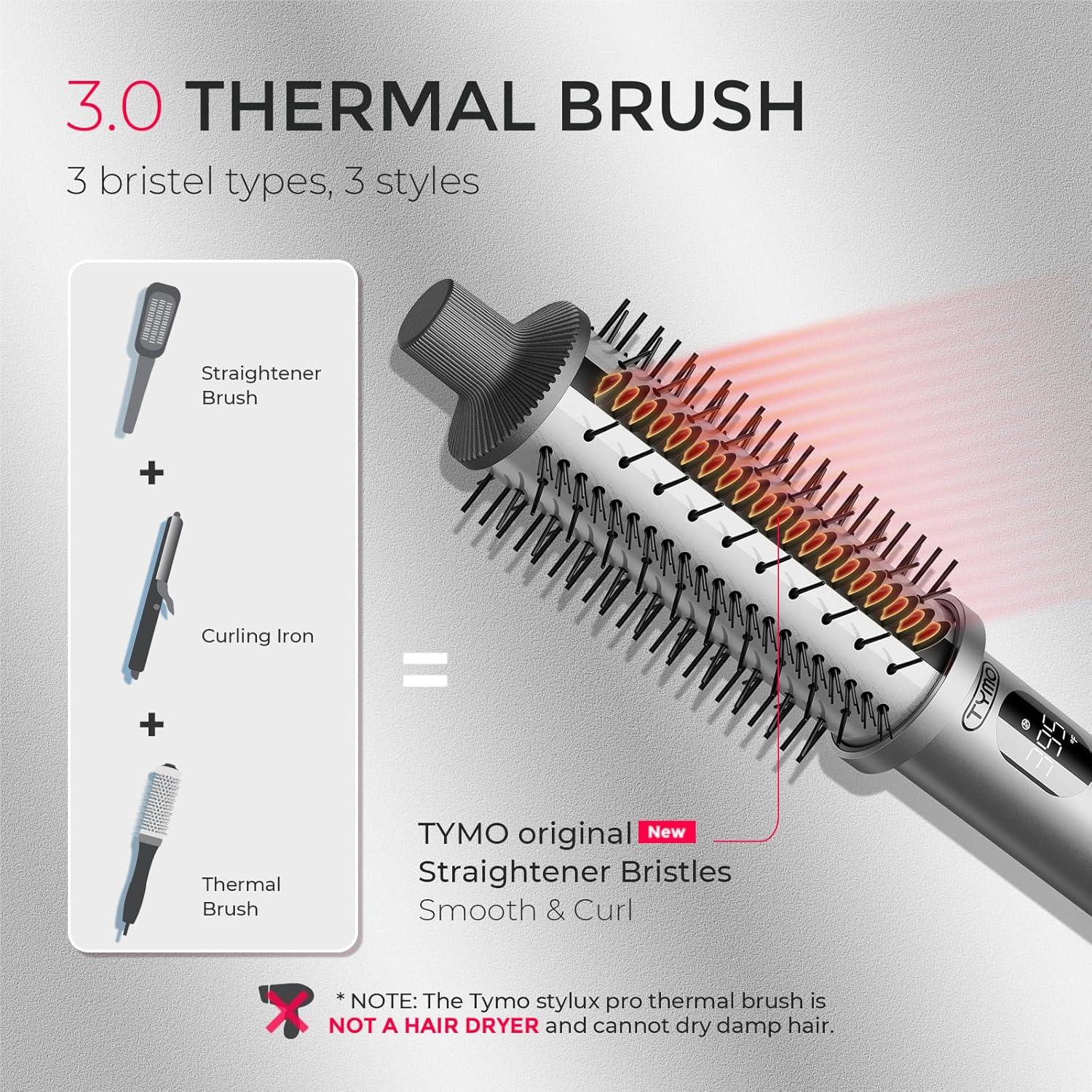 imageTYMO STYLUX PRO Thermal Brush Curling Brush 15 Inch Blowout Heated Round Volumizer Hair Straightener and Curler 2 in 1 800M Negative Ion for Smoother LCD Display 5 Temp Dual Voltage GrayGray