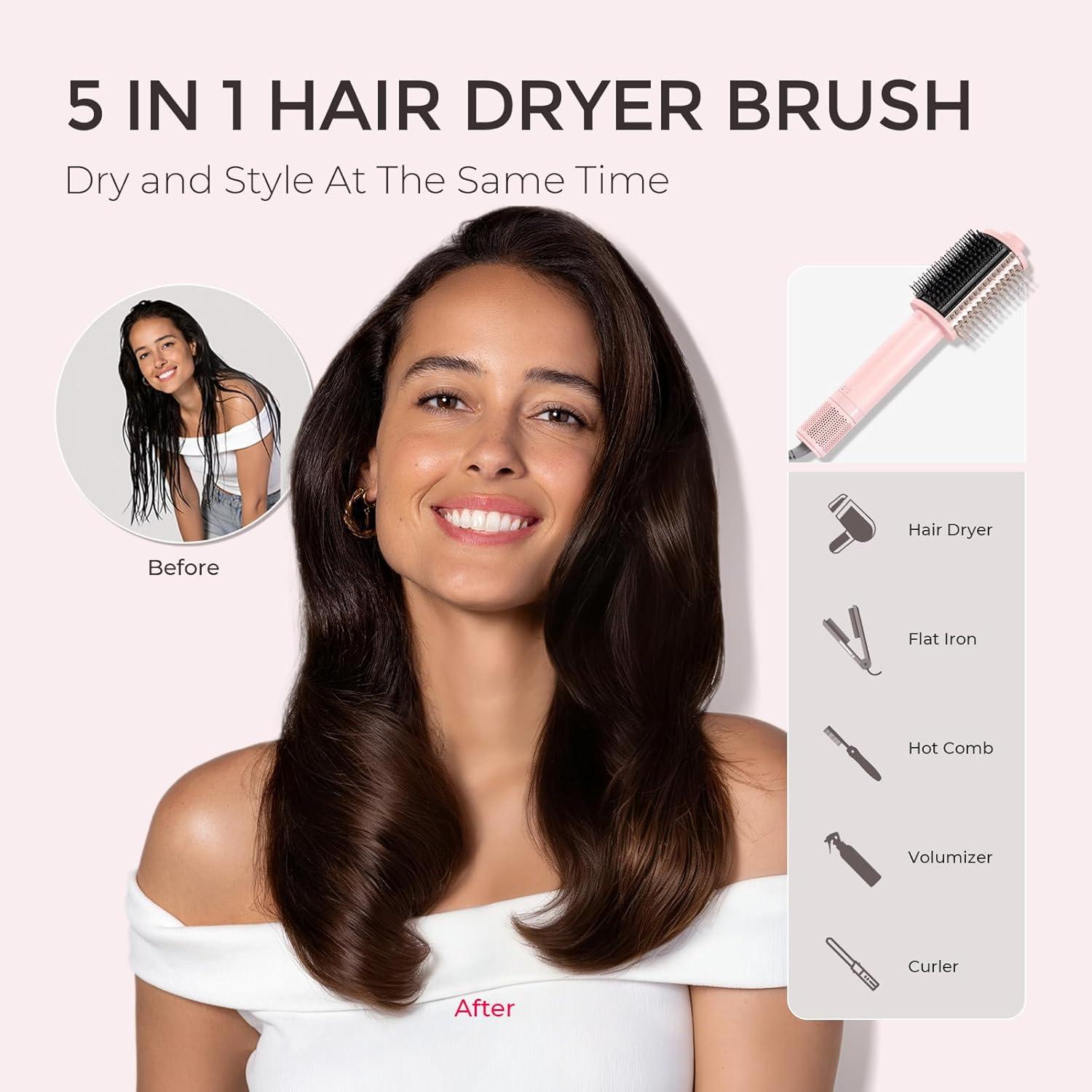 imageTYMO 40 Hair Blow Dryer Brush Lightweight 3X Faster Drying 5in1 Ionic Blowout Hair Dryer Brush Adds Shine Volume amp Fullness for Smooth AntiFrizz Straight Curl amp Blowout Styles GoldPink