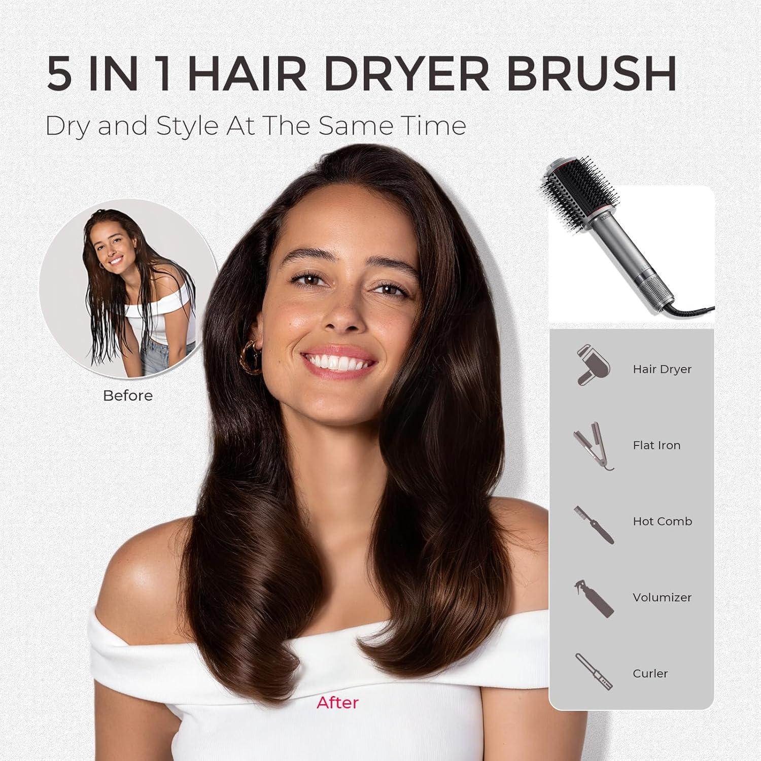 imageTYMO 40 Hair Blow Dryer Brush Lightweight 3X Faster Drying 5in1 Ionic Blowout Hair Dryer Brush Adds Shine Volume amp Fullness for Smooth AntiFrizz Straight Curl amp Blowout Styles GoldMetal Grey