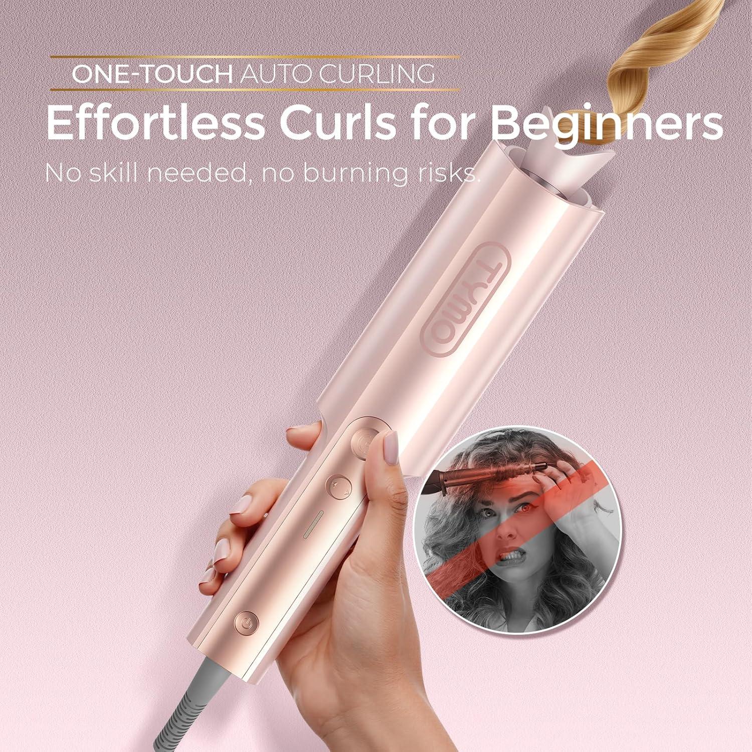 imageTYMO CurlPro Plus Automatic Rotating Curling Iron Upgraded Long Barrel Curling Wand for Long Hair Ceramic Hair Curler for Women AntiScald TangleFree 600M Ionic Dual Voltage Gold 1 12 InchGold Blush