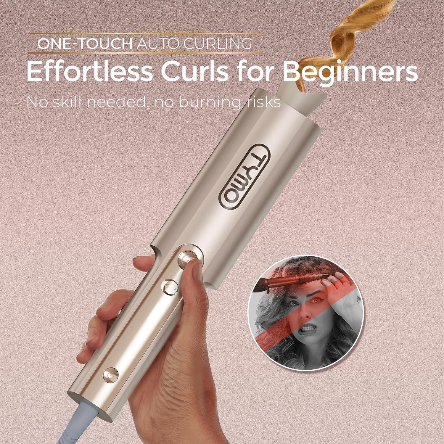 imageTYMO CurlPro Plus Automatic Rotating Curling Iron Upgraded Long Barrel Curling Wand for Long Hair Ceramic Hair Curler for Women AntiScald TangleFree 600M Ionic Dual Voltage Gold 1 12 InchGold