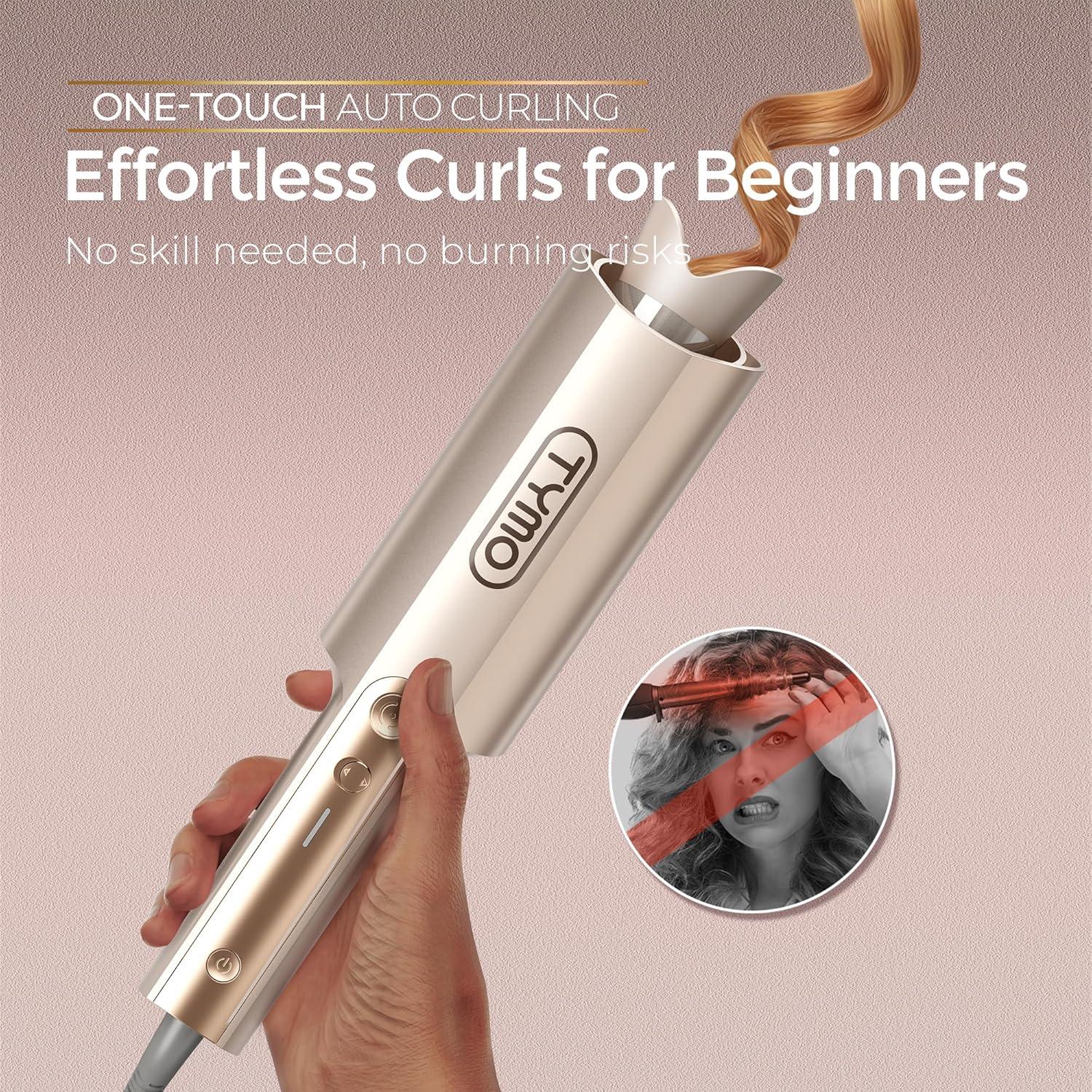 imageTYMO CurlPro Plus Automatic Rotating Curling Iron Upgraded Long Barrel Curling Wand for Long Hair Ceramic Hair Curler for Women AntiScald TangleFree 600M Ionic Dual Voltage Gold 1 12 InchGold