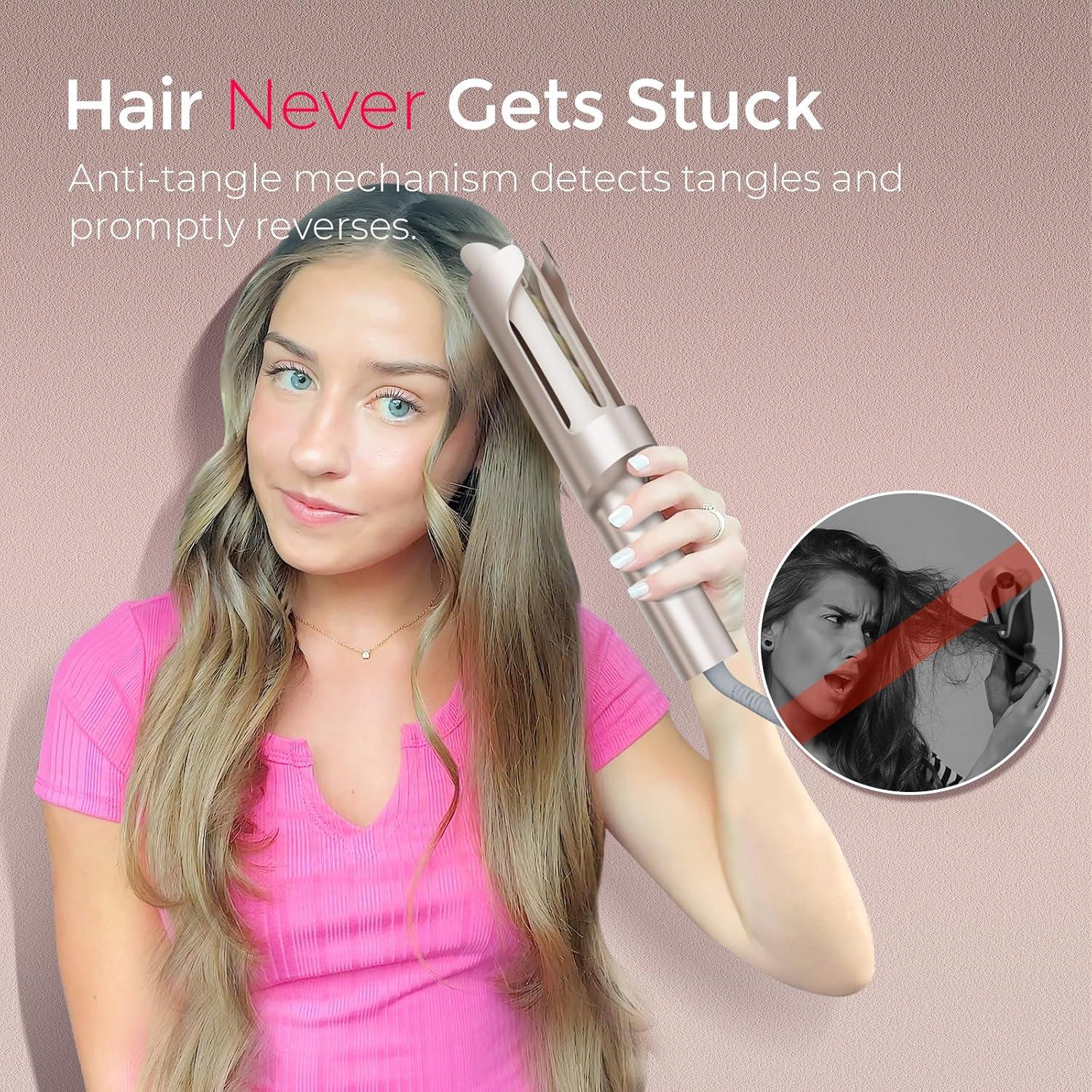 imageTYMO CurlPro Plus Automatic Rotating Curling Iron Upgraded Long Barrel Curling Wand for Long Hair Ceramic Hair Curler for Women AntiScald TangleFree 600M Ionic Dual Voltage Gold 1 12 InchGold