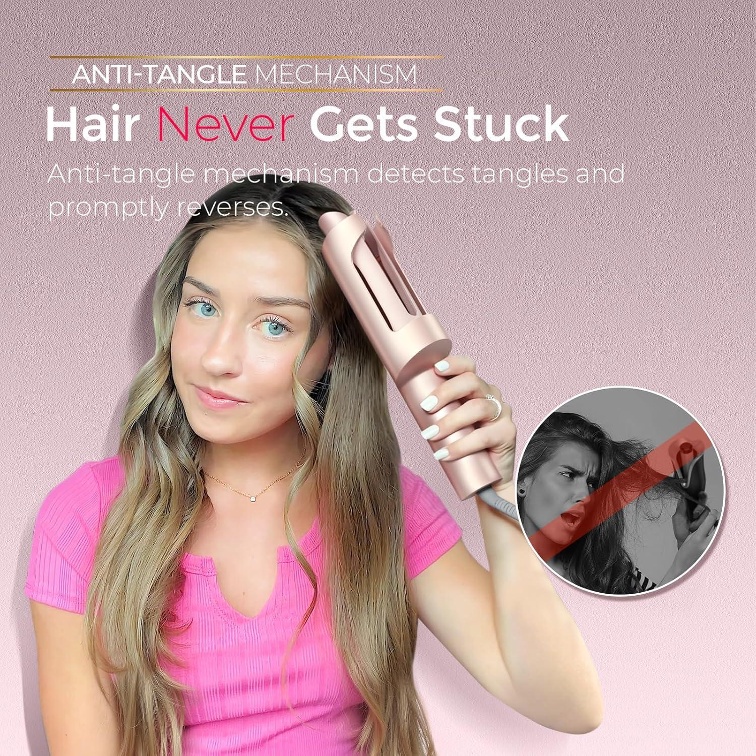 imageTYMO CurlPro Plus Automatic Rotating Curling Iron Upgraded Long Barrel Curling Wand for Long Hair Ceramic Hair Curler for Women AntiScald TangleFree 600M Ionic Dual Voltage Gold 1 12 InchGold Blush