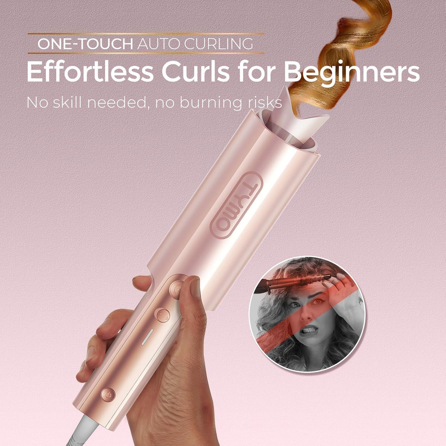 imageTYMO CurlPro Plus Automatic Rotating Curling Iron Upgraded Long Barrel Curling Wand for Long Hair Ceramic Hair Curler for Women AntiScald TangleFree 600M Ionic Dual Voltage Gold 1 12 InchGold Blush