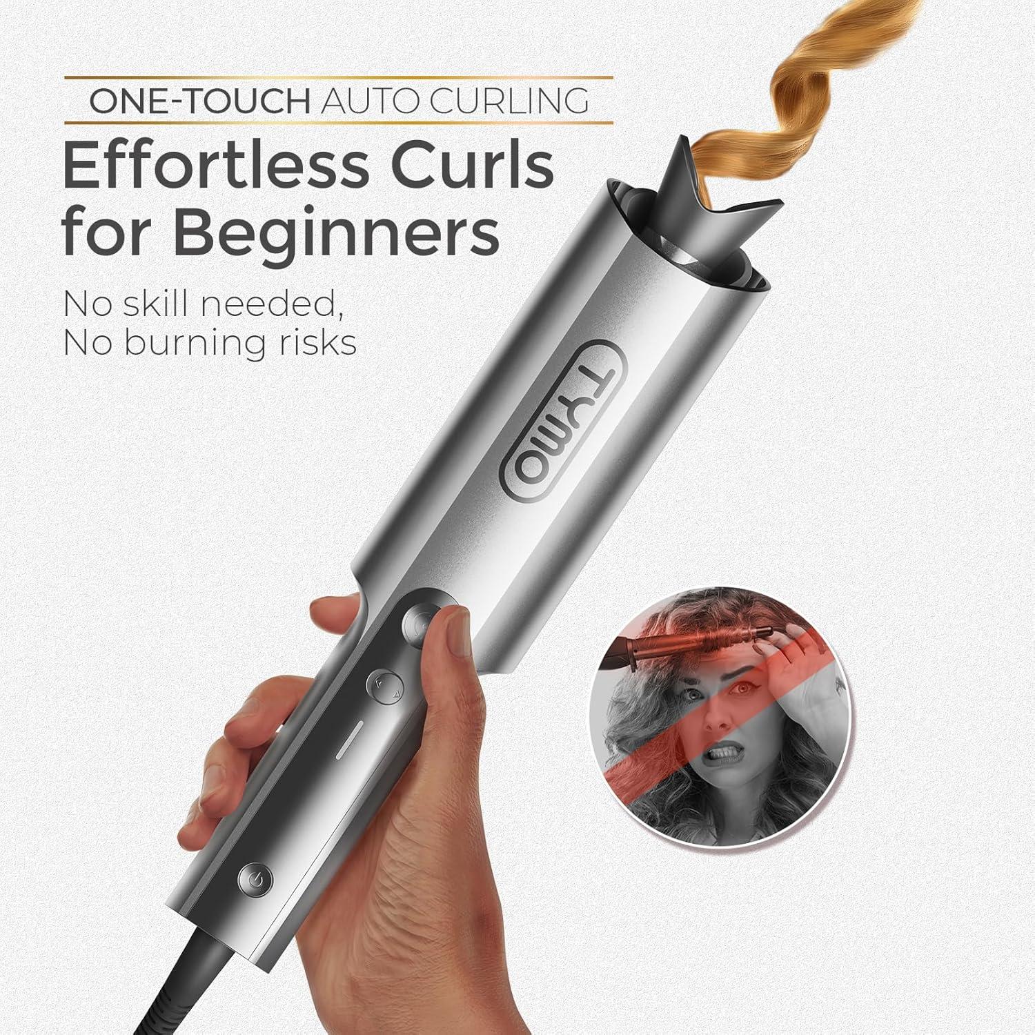 imageTYMO CurlPro Plus Automatic Rotating Curling Iron Upgraded Long Barrel Curling Wand for Long Hair Ceramic Hair Curler for Women AntiScald TangleFree 600M Ionic Dual Voltage Gold 1 12 InchGrey