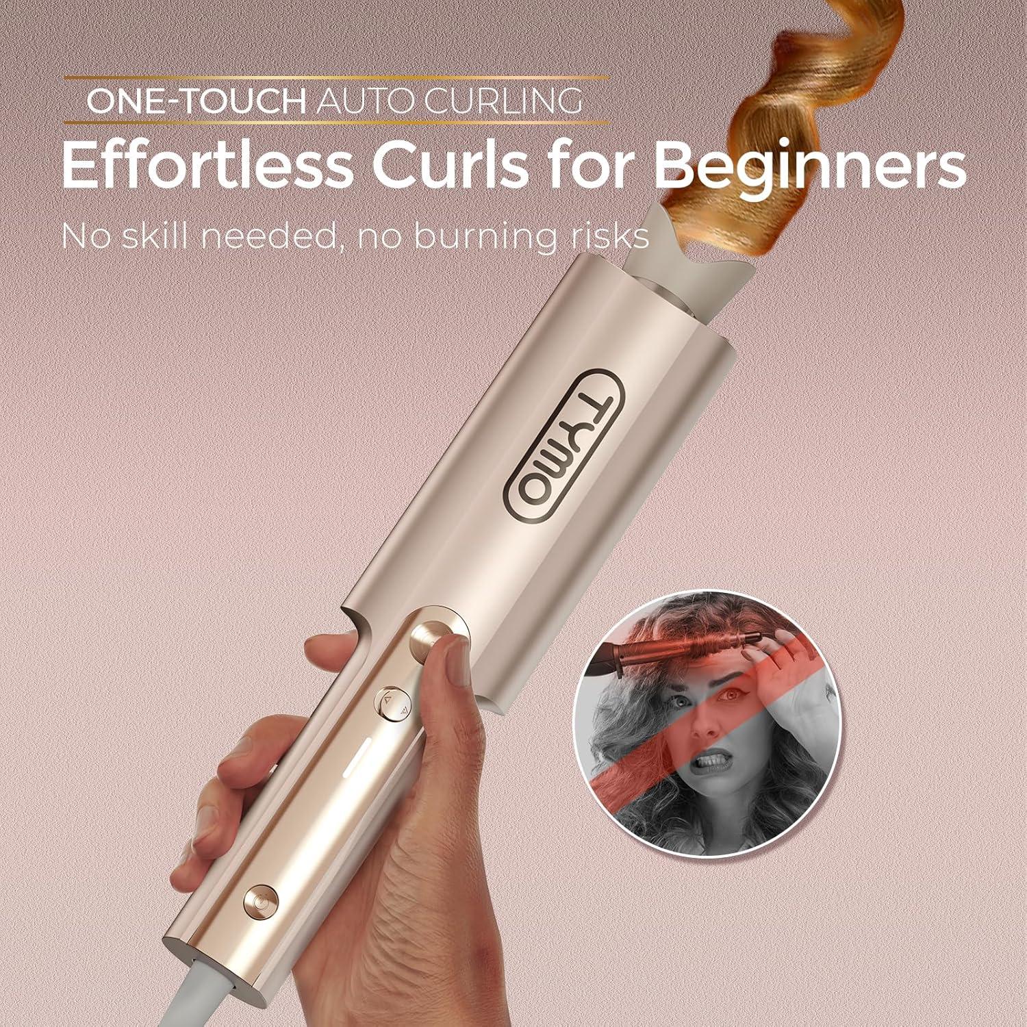 imageTYMO CurlPro Plus Automatic Rotating Curling Iron Upgraded Long Barrel Curling Wand for Long Hair Ceramic Hair Curler for Women AntiScald TangleFree 600M Ionic Dual Voltage Gold 1 12 InchGold