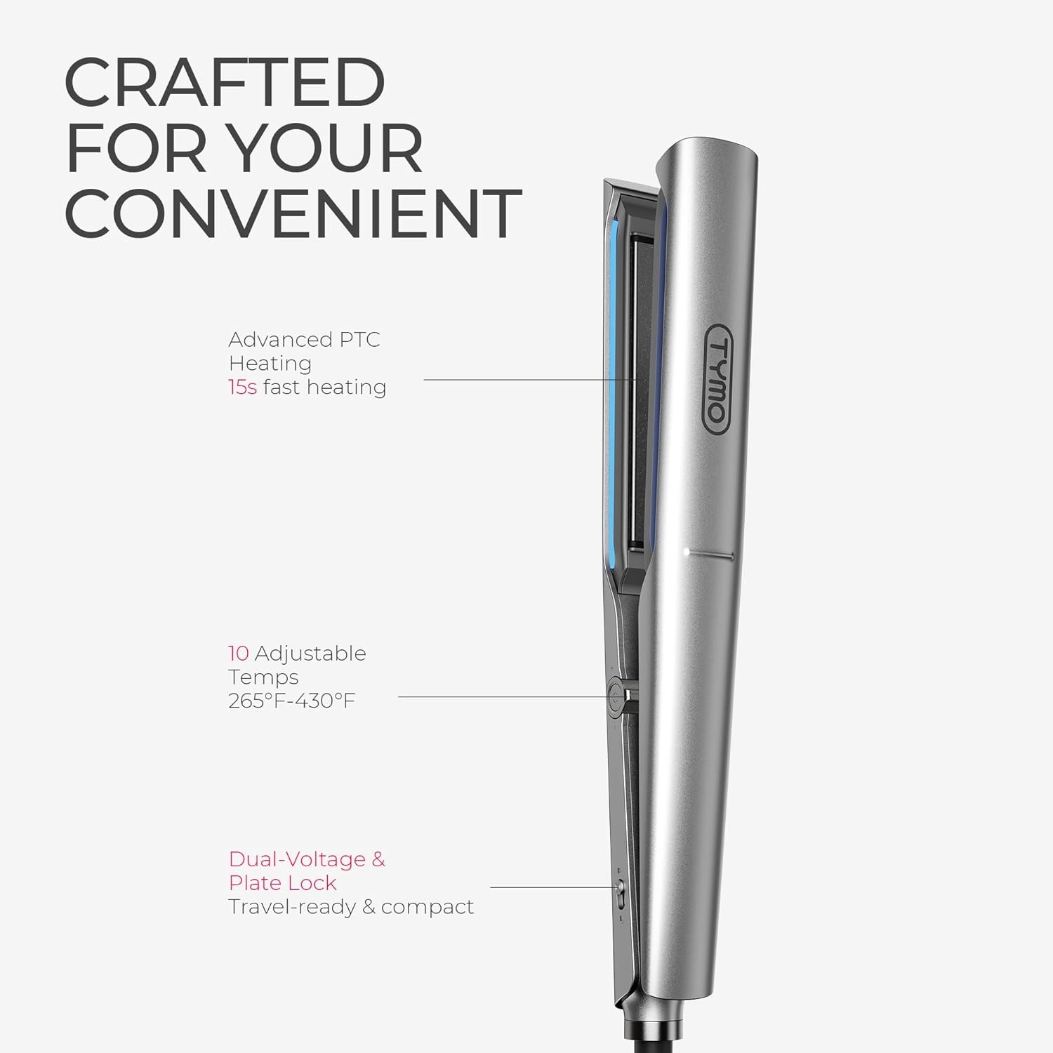 image:imageTYMO FLAIGHT Holo NewGen Flat Iron Hair Straightener and Curler 2 in 1 1 Long Ceramic Plates 3X Smoother Glide 2X Faster Styling with Less Damage Ionic Straightener for Women Metal Grey
